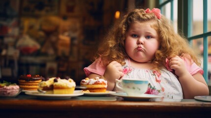 A young girl with a pouty expression sitting in front of a tempting assortment of pastries. - obrazy, fototapety, plakaty