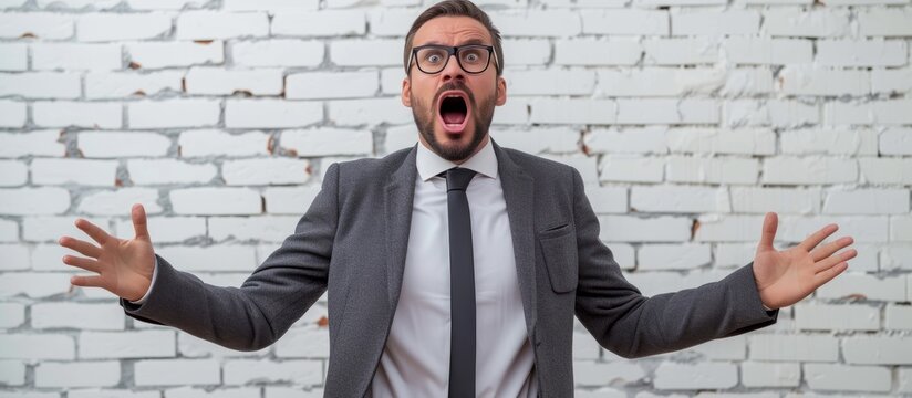 Angry boss yelling at subordinate in front of white brick wall.