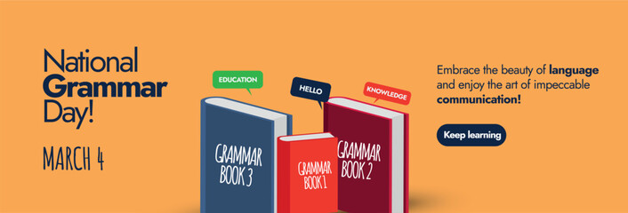 National Grammar Day. 4th March National Grammar day celebration cover banner minimal design in light orange colour theme with three cute books icon with names grammar book 1, 2, 3 respectively.  - obrazy, fototapety, plakaty
