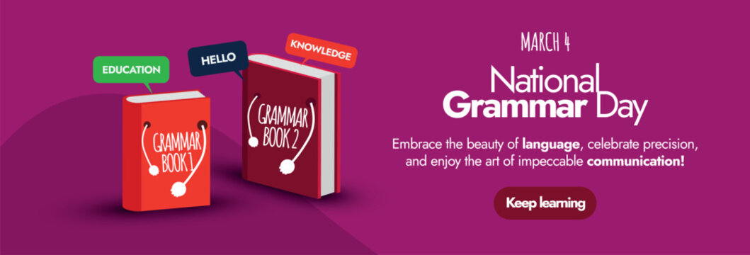 National Grammar Day. 4th March National Grammar day celebration cover banner minimal design in dark magenta colour theme with two cute books icon with names grammar book 1 and 2 respectively.