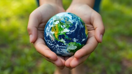 Eco Friendly Blue and green globe in the palm of hands, close up, stock photo