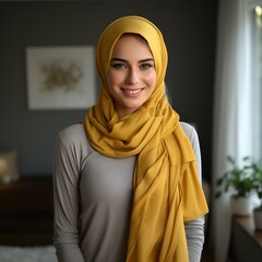Image of a Caucasian woman with a smiling face, wearing a stylish hijab. Concept: a modern and elegant approach to a traditional outfit, Muslim world