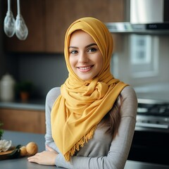 Image of a Caucasian woman with a smiling face, wearing a stylish hijab. Concept: a modern and elegant approach to a traditional outfit, Muslim world