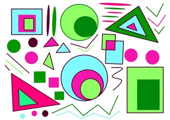 doodle illustration, various multicolored geometric shapes and figures