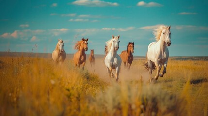 group of pink Turkish horses running in the fields, over a blue sky