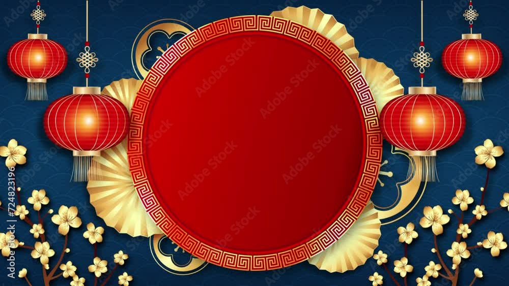 Wall mural chinese lunar new year background with oriental style decoration and empty rotating red circle frame