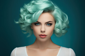 Emerald Enigma: A captivating, green-haired woman with mesmerizing blue eyes enthralls with her enigmatic presence. Fashion style cover magazine and wallpaper