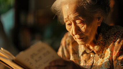 An old woman is reading a book. - obrazy, fototapety, plakaty