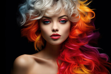 Vibrant Visions: A woman stands confidently with her hair vibrant with an array of bold and vivid hues, while her makeup brings an explosion of vibrant pigments to her face.