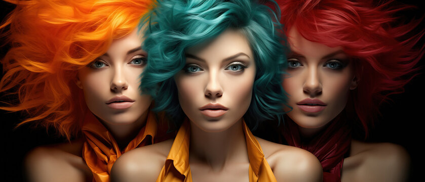 Chromatic Trio: Three women with astonishingly colored hair, each showcasing their unique style and individuality. Fashion style cover magazine and wallpaper