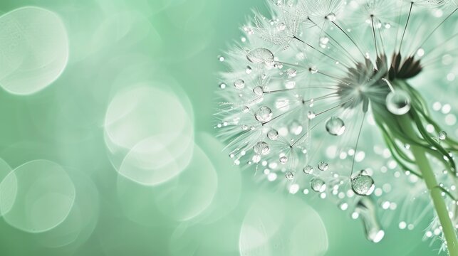 macro photo with dandelion and water drops. Artistic Green Background . Flowers made with pastel tones. Tranquil abstract closeup art photography