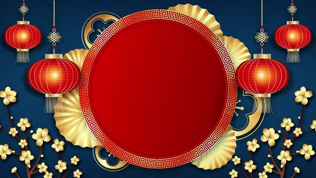 Chinese lunar new year background with oriental style decoration and empty rotating red circle frame 