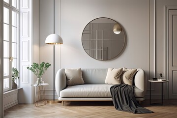 In a living room with white walls and an original floor lamp, there is a round mirror hanging over a gray sofa that is placed on carpet