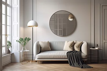 Papier Peint photo Lavable Mur chinois In a living room with white walls and an original floor lamp, there is a round mirror hanging over a gray sofa that is placed on carpet