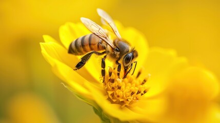 macro view of Honey bee on yellow flower collects pollen yellow bokeh background, stock photo