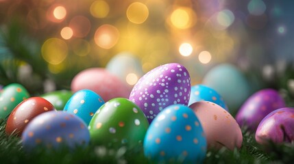 Decorated Easter eggs with dotted patterns nestled in green grass with bokeh lighting.