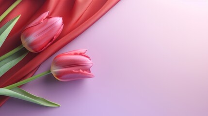 Two red tulips against a silky red and purple fabric backdrop, minimalist floral design.