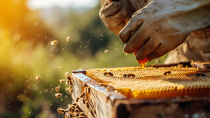The hands of the breeder are busy with the process of collecting honey
