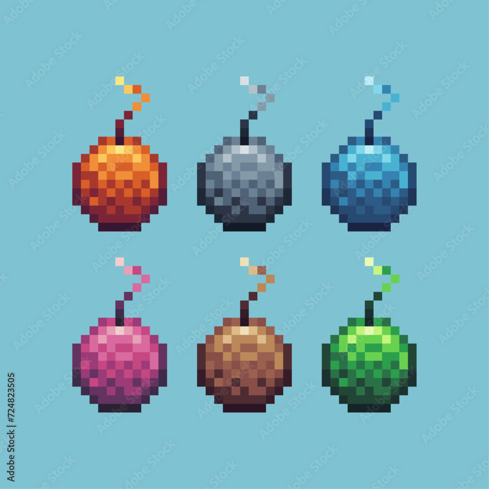 Poster pixel art sets icon of bomb variation color. bomb game icon on pixelated style. 8bits perfect for ga