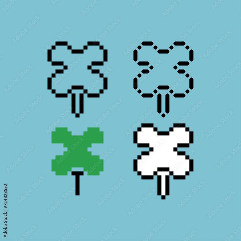 Poster pixel art outline sets icon of clover variation color.clover leaf icon on pixelated style. 8bits per