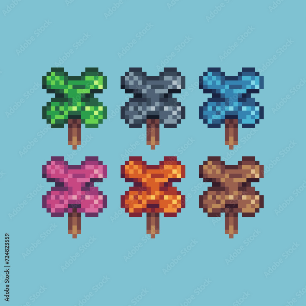 Poster pixel art sets icon of clover variation color.clover leaf icon on pixelated style. 8bits perfect for