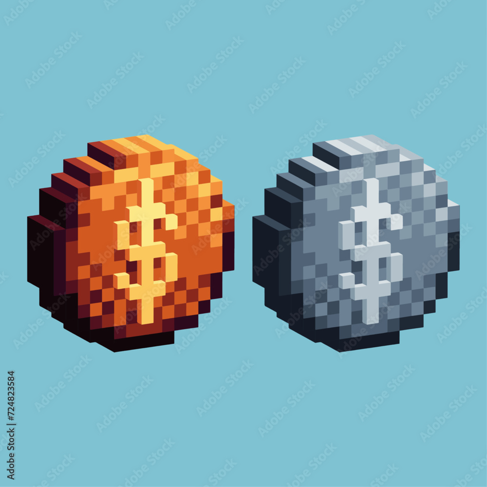 Poster isometric pixel art 3d of dollar coin icon for items asset. money coin icon on pixelated style.8bits