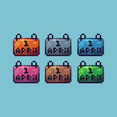 Pixel art sets icon of calendar 1 april variation color. April icon on pixelated style. 8bits perfect for game asset or design asset element for your game design. Simple pixel art icon asset.
