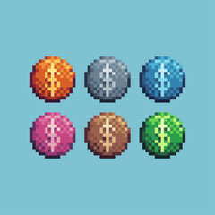 Pixel art sets icon of dollar coin variation color.Dollar coin icon on pixelated style. 8bits perfect for game asset or design asset element for your game design. Simple pixel art icon asset.
