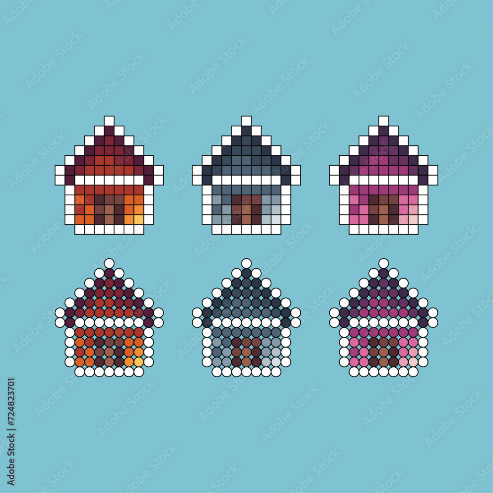 Poster pixel art stroke sets icon of house variation color.home icon on pixelated style. 8bits perfect for 