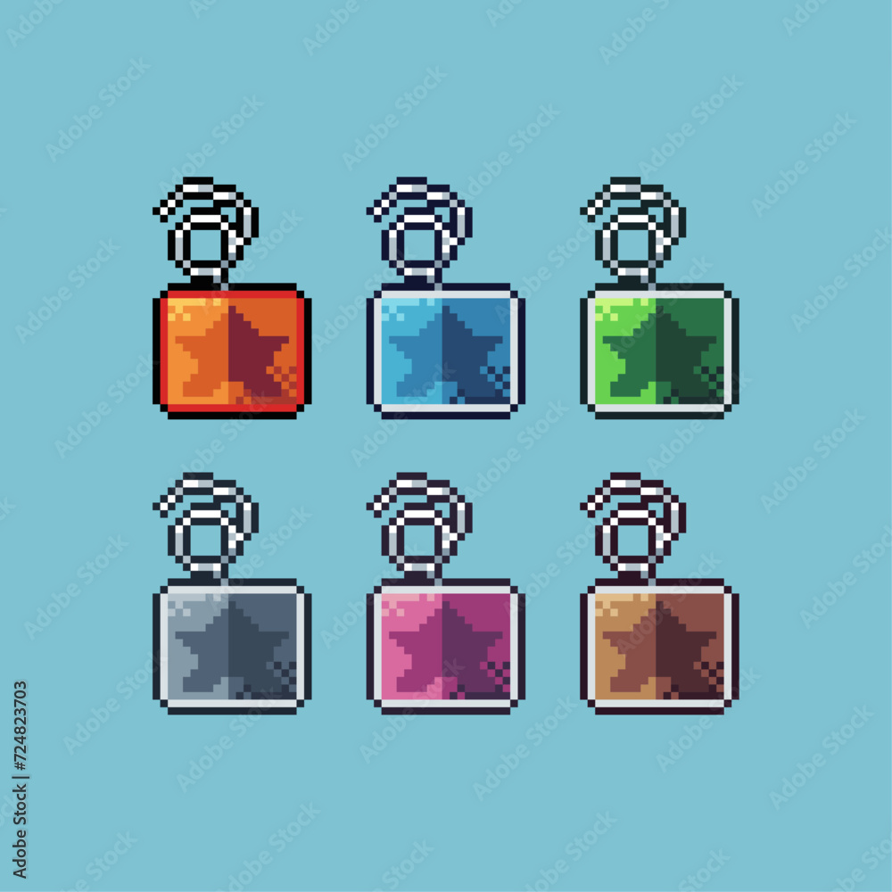 Poster pixel art sets icon of jester box variation color. april fool icon on pixelated style. 8bits perfect
