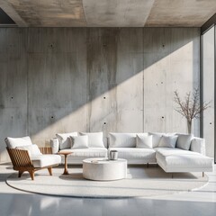 Modern Minimalist Living Room Interior with White Corner Sofa and Armchairs Against Concrete Panel Wall