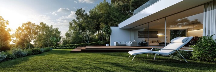 Contemporary Home Facade: Stylish Armchair on Terrace, Overlooking Lush Green Lawn