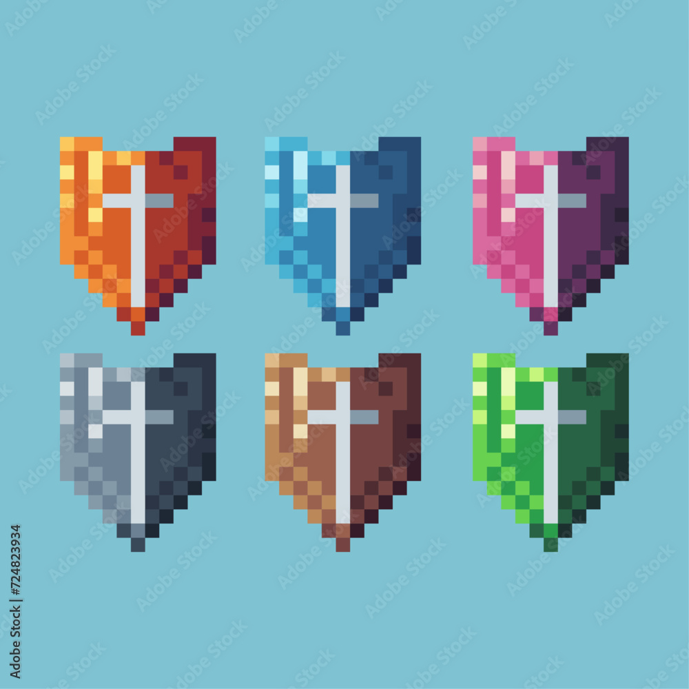 Poster pixel art sets icon of shield variation color.gold shield icon on pixelated style. 8bits perfect for