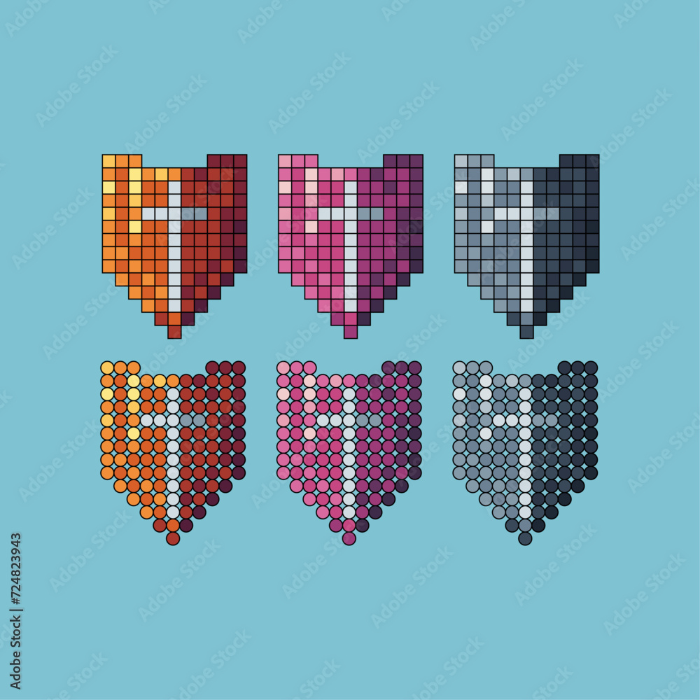 Poster pixel art stroke sets icon of shield variation color.gold shield icon on pixelated style. 8bits perf