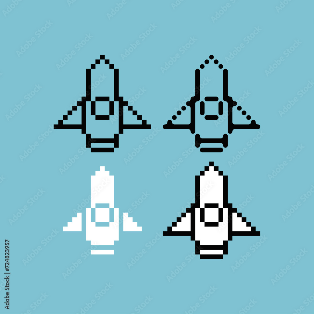 Poster pixel art outline sets icon of spaceship variation color.spaceship icon on pixelated style. 8bits pe