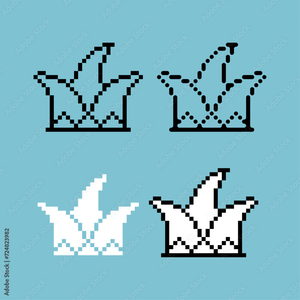 Poster pixel art outline sets icon of jester hat variation color. clown hat icon on pixelated style. 8bits 