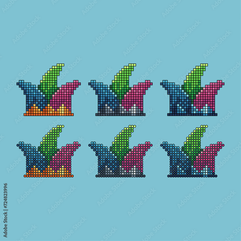 Poster pixel art stroke sets icon of jester hat variation color. clown hat icon on pixelated style. 8bits p