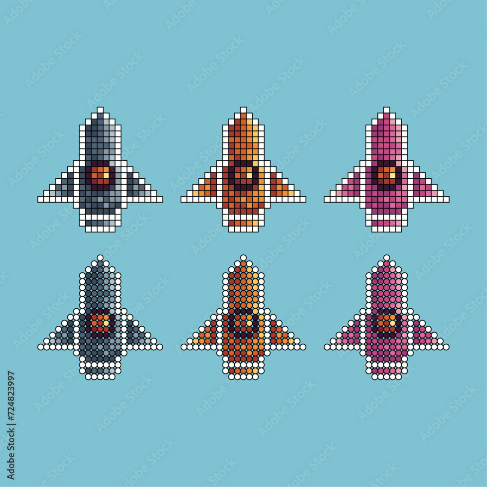 Poster pixel art stroke sets icon of spaceship variation color.spaceship icon on pixelated style. 8bits per