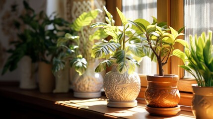 A collection of indoor plants in decorative pots on a wooden windowsill, highlighted by sunlight.