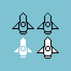 Pixel art outline sets icon of spaceship variation color.Spaceship icon on pixelated style. 8bits perfect for game asset or design asset element for your game design. Simple pixel art icon asset.
