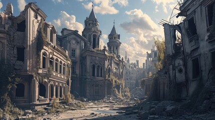 Apocalyptic Ruins: Devastated Cityscape after War and Destruction - obrazy, fototapety, plakaty