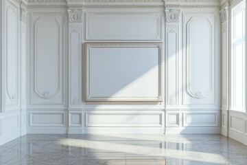 Golden Frame Mockup in White Gallery. Showcase Your Art with 3D Rendering.