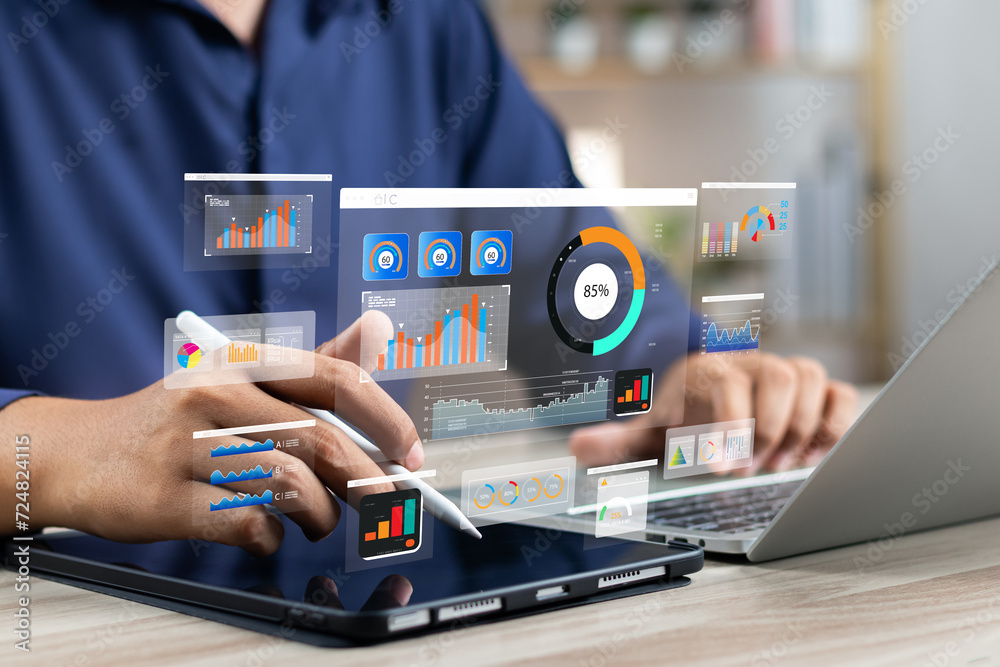 Poster Analyst utilizing technology and dashboard with charts data science and Big Data technology for business, Strategic data management system with KPI organization performance with technology and metrics