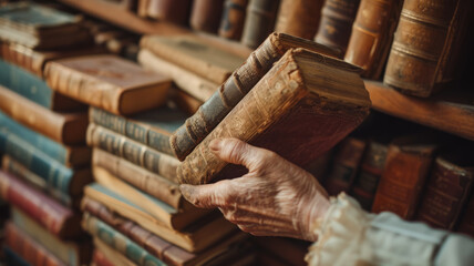 Close-up of an elderly woman's hands holding books