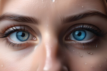 Naklejka premium Captivating Portrait of a Woman with Blue Eyes and Raindrops on Her Face