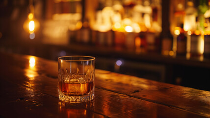 Glass of whiskey on the bar counter in a cozy bar