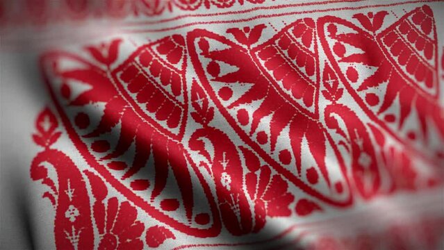 Assamese Gamosa or Gamusa embroidery motifs fabric wave loop. Red Indian pattern.
