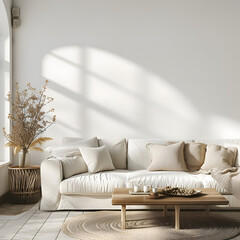 Home living room interior with white sofa and coffee table with decor, sunlight on white wall, 3d render