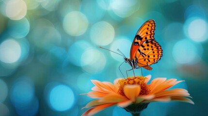 orange Butterfly on the flower over blue bokeh background