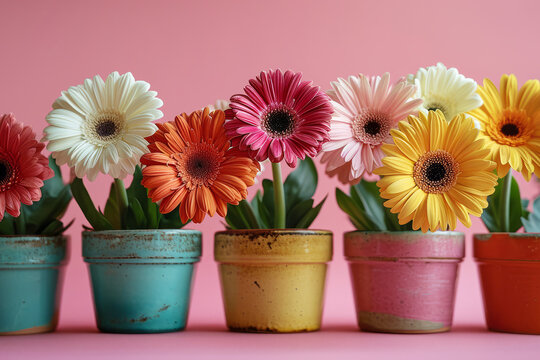 Cute Easter bunny holding gerbera flower in paws, pink background
